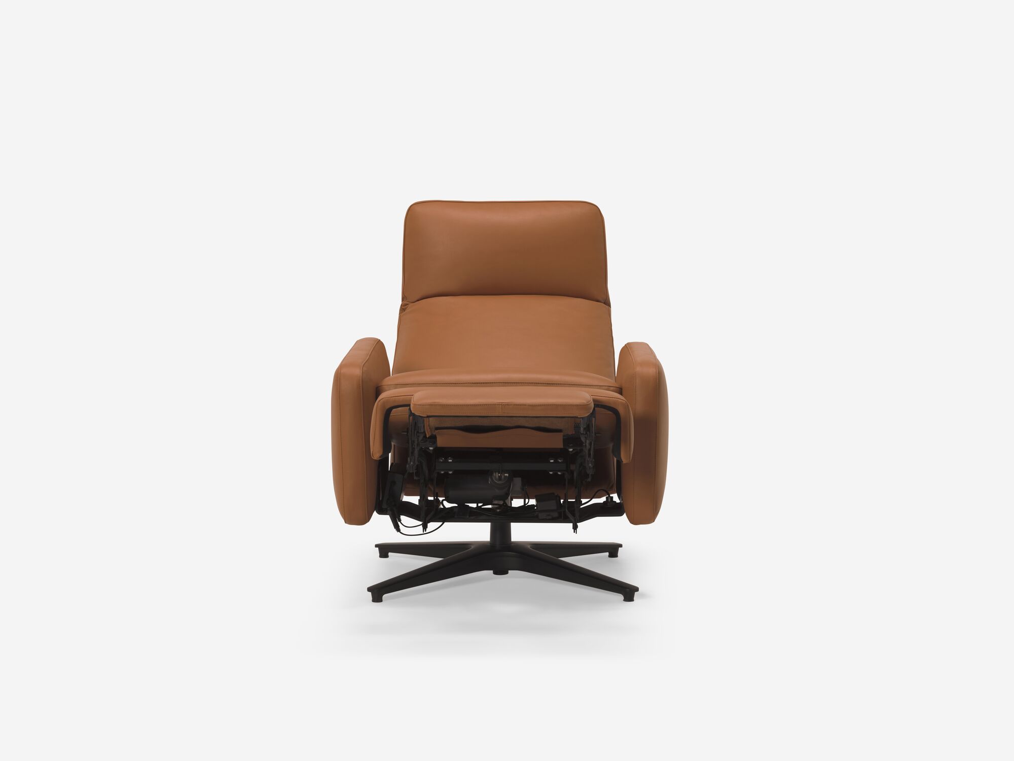 Brown leather reclining chair with seat reclined front view